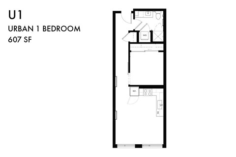 Floor plan for 1 bed, 1 bath, 607 sqft